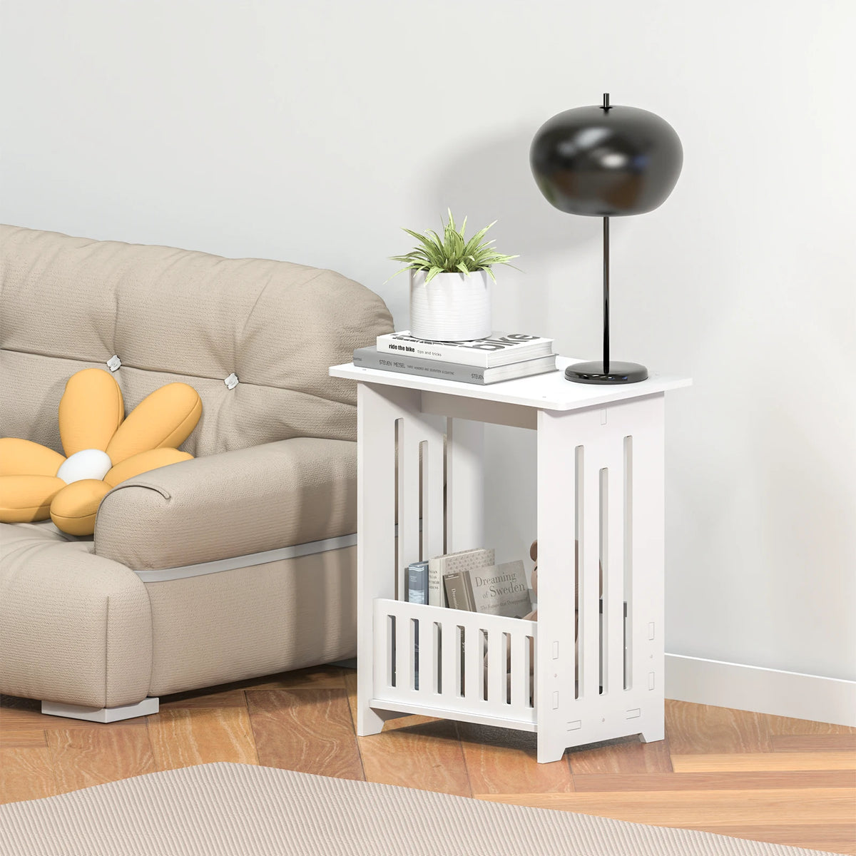 White Slim Bedside Table, Small Side End Table, Telephone Table for Small Spaces, Narrow Nightstand Wooden Sofa Side Table, Open Compartment, for Living Room, Bedroom, 22 x 34 x 40cm