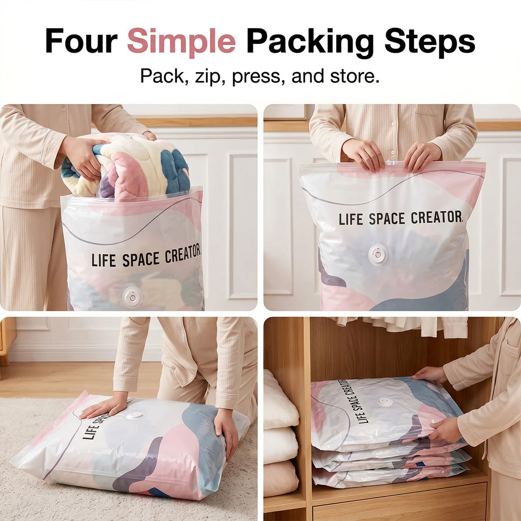 No-Pump Vacuum Storage Bags, Thickened PA+PE Airtight Compression Bags, Save 80% Space, Reusable Moisture & Mildew Proof Organizer for Clothes, Bedding, Pillows, Travel & Home Storage