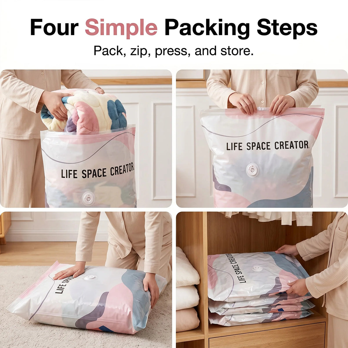 No-Pump Vacuum Storage Bags, Thickened PA+PE Airtight Compression Bags, Save 80% Space, Reusable Moisture & Mildew Proof Organizer for Clothes, Bedding, Pillows, Travel & Home Storage