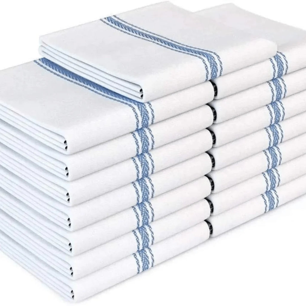 10 Pack Luxury Cotton Herringbone Tea Towels with Blue Stripe | Lint-Free Kitchen Dish Cloths | Super Absorbent Glass Cleaning Towels | Reusable Kitchen Towels for Drying Dishes, Wiping Surfaces, Restaurant, Café & Home Use