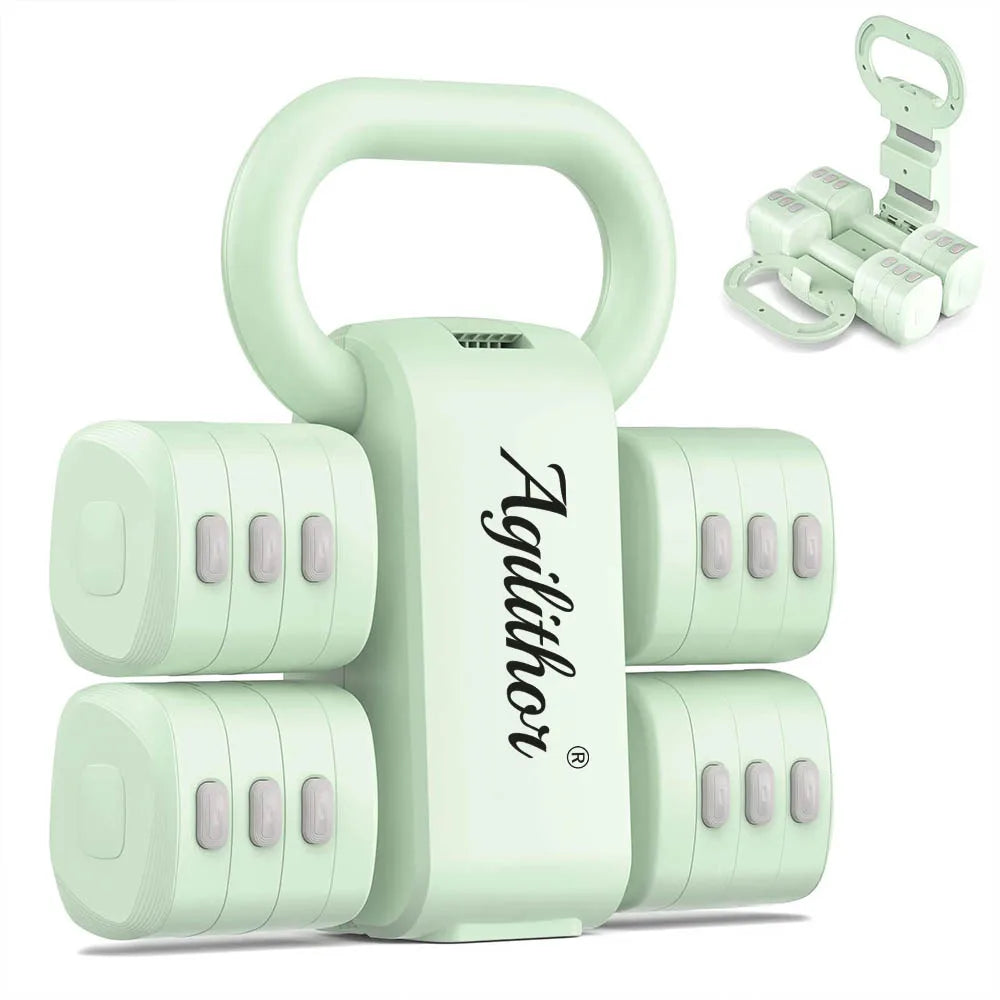 Agilithor Apple Green Adjustable Dumbbell and Kettlebell Set 2 in 1, Each Dumbbell 1 to 2.5 kg, Kettlebell 2.5 to 5.5 kg, Home Gym Free Weights