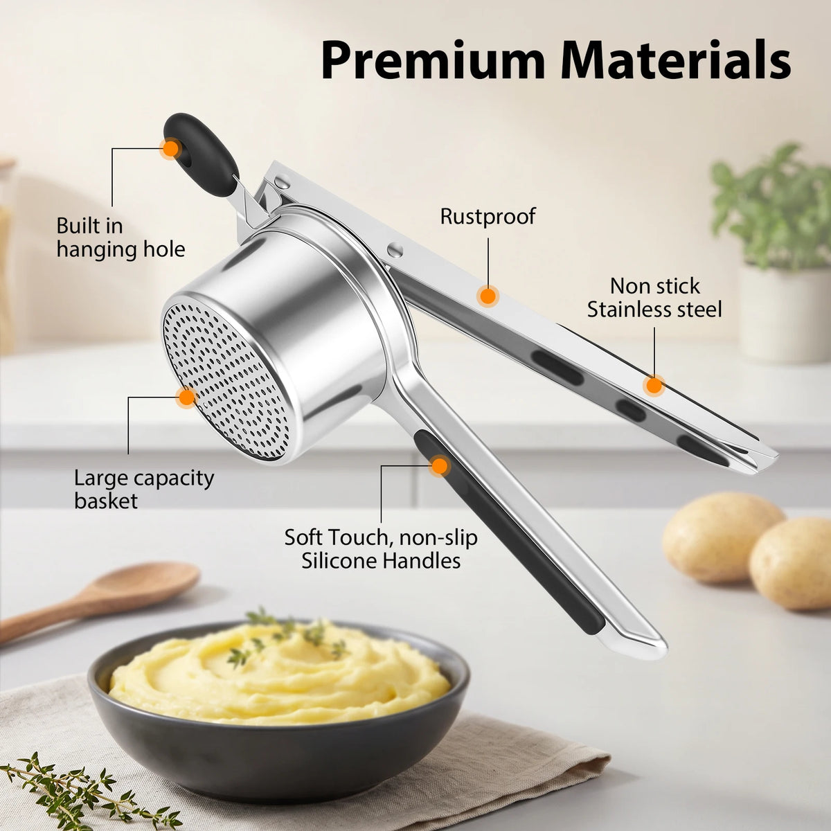Potato Ricer Masher, Food Grade Stainless Steel Potato Ricer Press with Silicone Handle, Dishwasher Safe Fruit & Veg Press, Heavy Duty Food Press for Mashed Potatoes