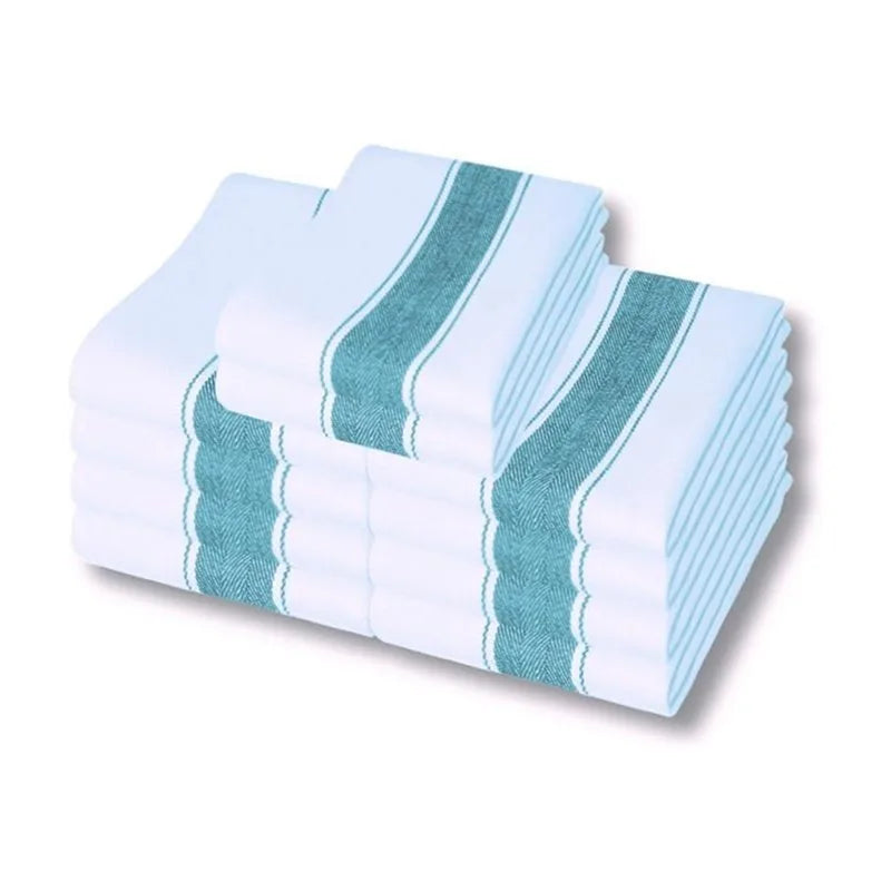 10 Pack Luxury Cotton Herringbone Tea Towels with Blue Stripe | Lint-Free Kitchen Dish Cloths | Super Absorbent Glass Cleaning Towels | Reusable Kitchen Towels for Drying Dishes, Wiping Surfaces, Restaurant, Café & Home Use