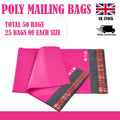 Hot Pink Mailing Bags 2SZ 100 Bags, 25 From Each Poly Postal Envelopes with Secure Peel Seal, Poly Parcel Bags for Clothes, Online Orders, Retail Items, Courier Delivery & Everyday Shipping