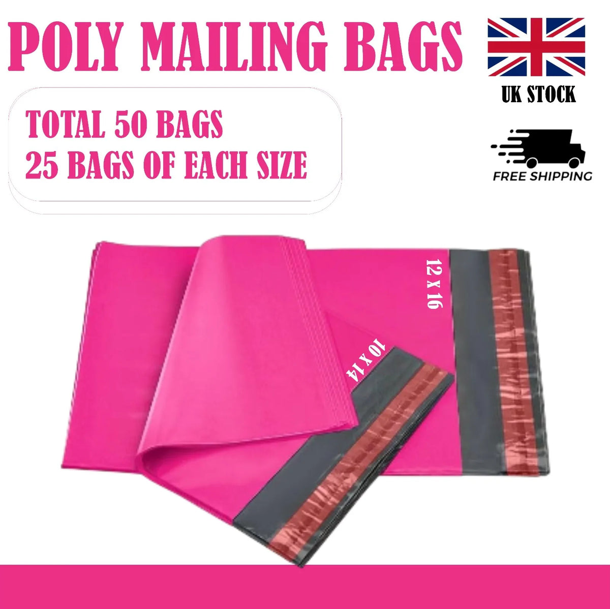 Hot Pink Mailing Bags 2SZ 100 Bags, 25 From Each Poly Postal Envelopes with Secure Peel Seal, Poly Parcel Bags for Clothes, Online Orders, Retail Items, Courier Delivery & Everyday Shipping