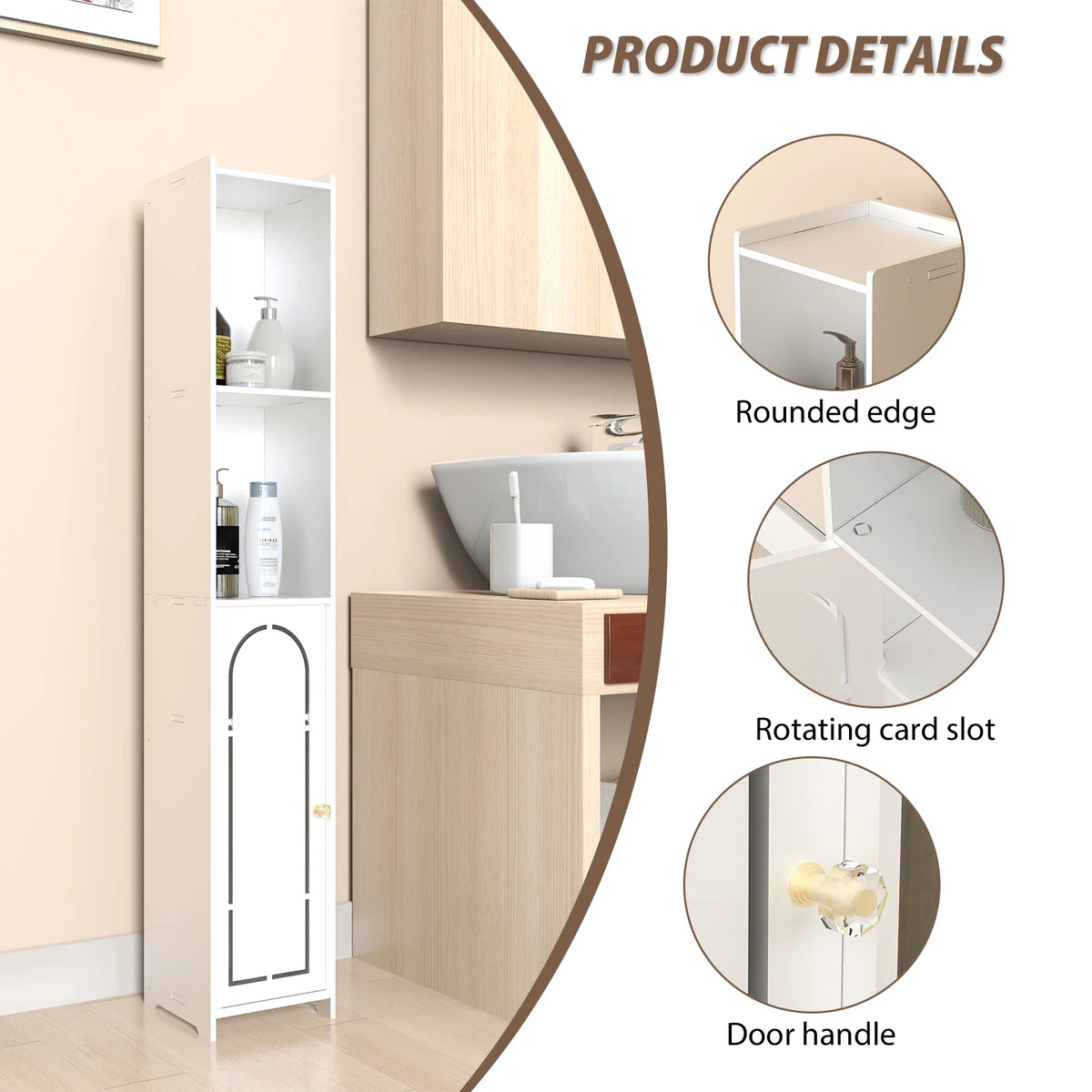 Bathroom Tall Cabinet, Freestanding Storage Cupboard in White, Multipurpose Waterproof Slim High Floor Cabinet for Living Room Kitchen Hallway