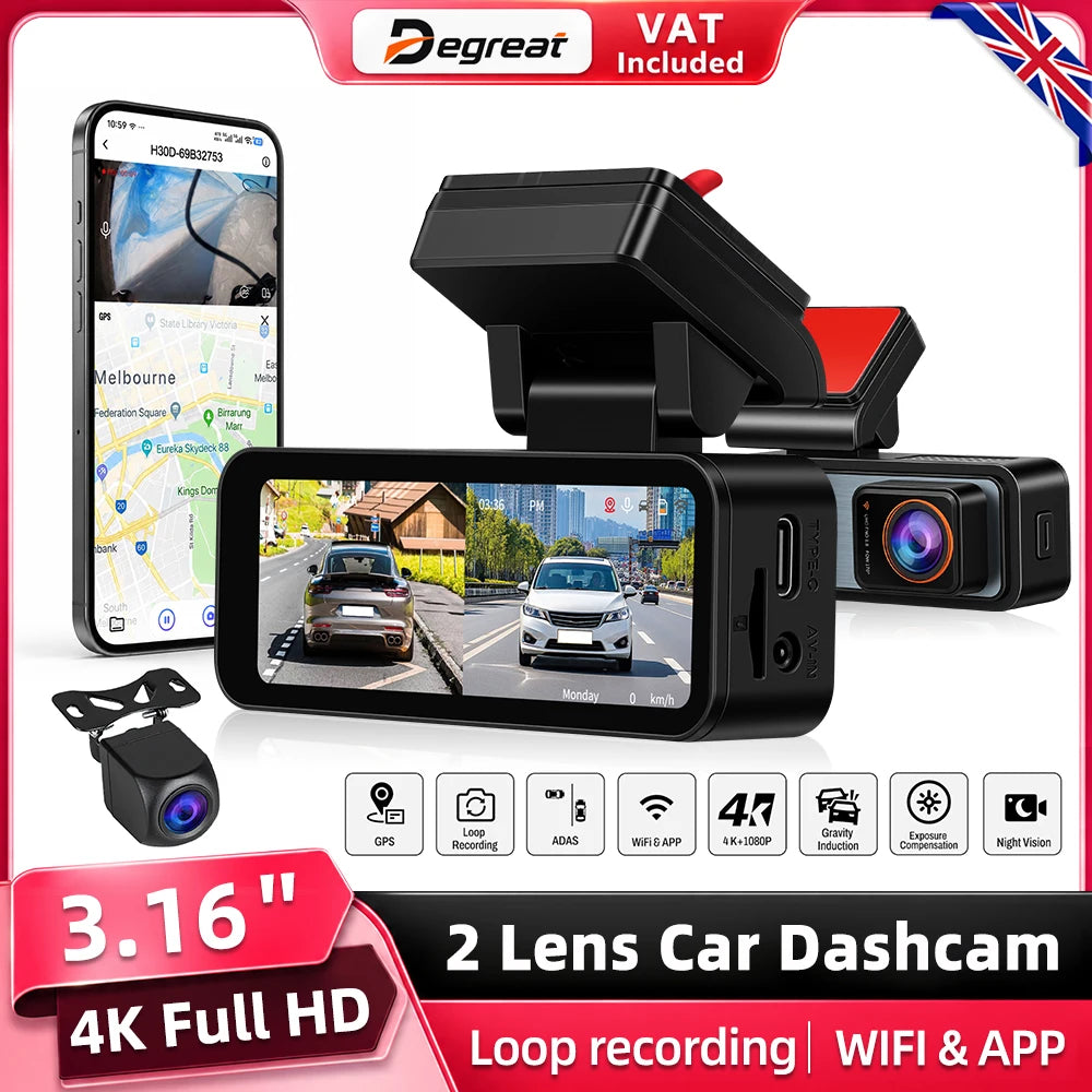 Degreat 3.16 Inch Mirror Dash Car Camera Loop Recording GPS HD Screen Waterproof Mirror Car Recorder Multi-Language Night Vision Equipped With Rear View Camera Reverse Mirror