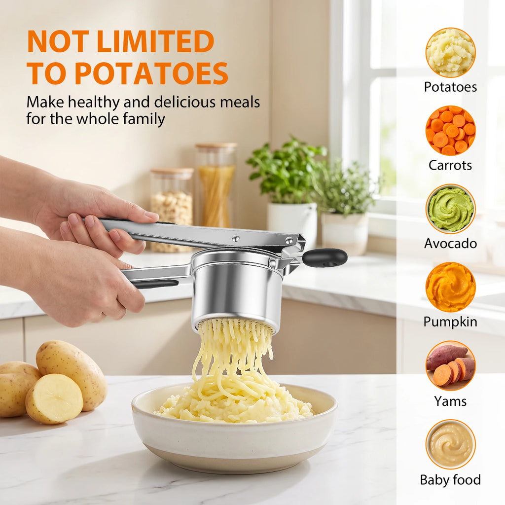 Potato Ricer Masher, Food Grade Stainless Steel Potato Ricer Press with Silicone Handle, Dishwasher Safe Fruit & Veg Press, Heavy Duty Food Press for Mashed Potatoes