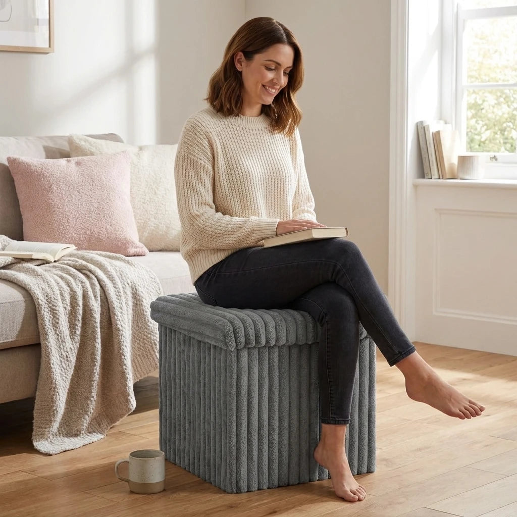 Ribbed Velvet Storage Ottoman Box Foldable Storage Bench with Lid Multi Purpose Footstool Seat