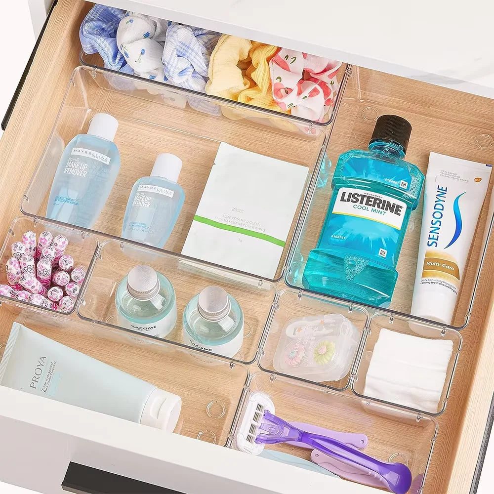 25Pcs Drawer Organiser Set, Clear Plastic Storage Trays in 4 Sizes, Stackable Desk Drawer Dividers & Makeup Organisers, Modular Space-Saving Containers for Kitchen, Bathroom, Dressing Table, Office, Fridge & Cupboard