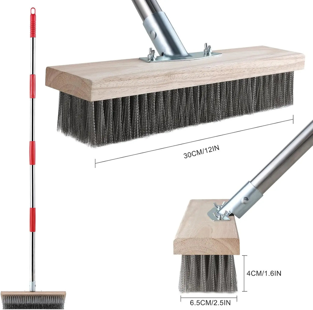 Heavy-Duty Wire Broom with Telescopic Handle(57IN), Stiff Metal Bristle Brush Removing Weed Moss Algae Outdoor Floor Scrub Brush