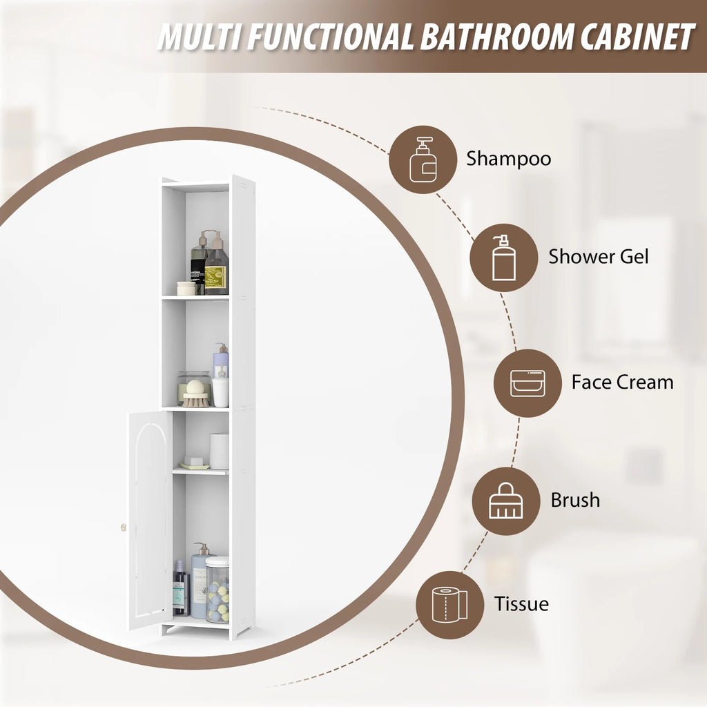 Bathroom Tall Cabinet, Freestanding Storage Cupboard in White, Multipurpose Waterproof Slim High Floor Cabinet for Living Room Kitchen Hallway