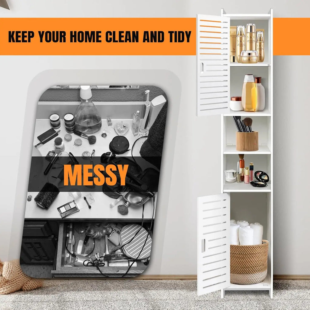 Tall Slim Bathroom Storage Cabinet, White Freestanding Floor Cabinet, Narrow Organizer Unit with 2 Doors, Space-Saving Design for Bathroom Living Room Kitchen Office Entryway Toilet