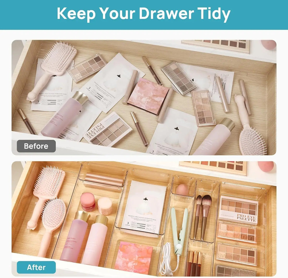 25Pcs Drawer Organiser Set, Clear Plastic Storage Trays in 4 Sizes, Stackable Desk Drawer Dividers & Makeup Organisers, Modular Space-Saving Containers for Kitchen, Bathroom, Dressing Table, Office, Fridge & Cupboard