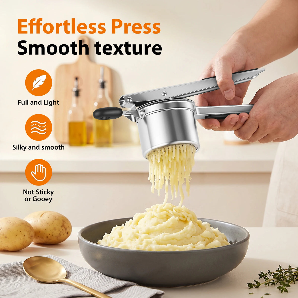 Potato Ricer Masher, Food Grade Stainless Steel Potato Ricer Press with Silicone Handle, Dishwasher Safe Fruit & Veg Press, Heavy Duty Food Press for Mashed Potatoes