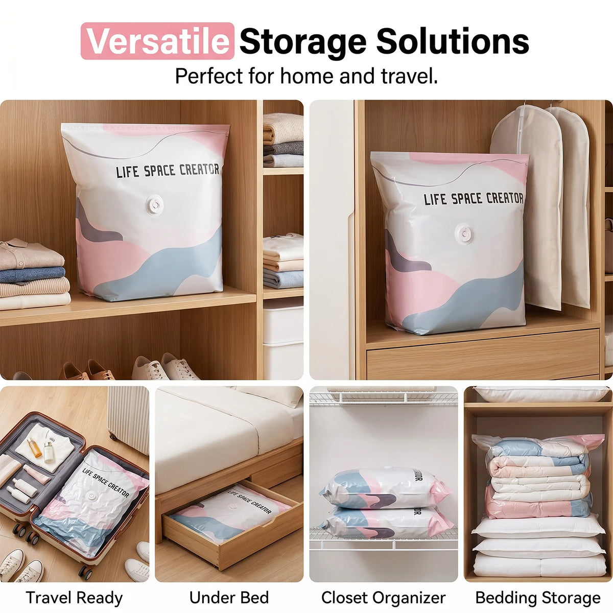 No-Pump Vacuum Storage Bags, Thickened PA+PE Airtight Compression Bags, Save 80% Space, Reusable Moisture & Mildew Proof Organizer for Clothes, Bedding, Pillows, Travel & Home Storage