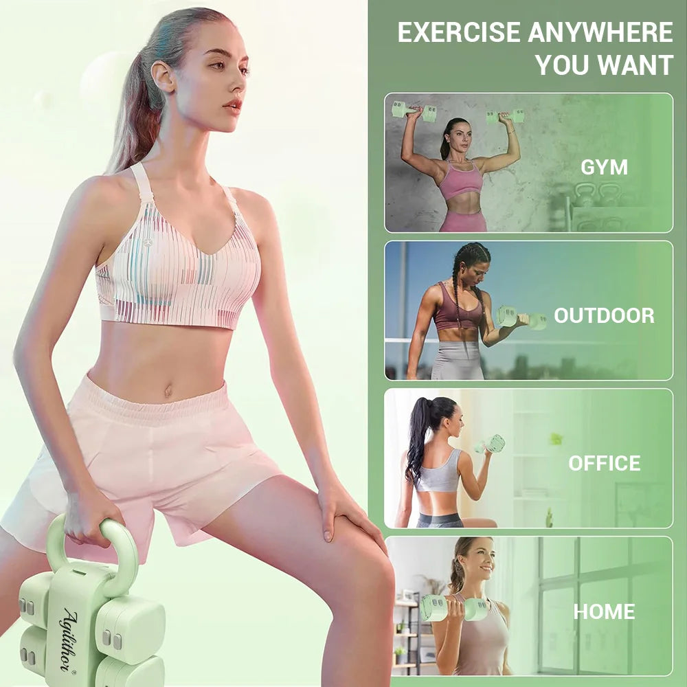 Agilithor Apple Green Adjustable Dumbbell and Kettlebell Set 2 in 1, Each Dumbbell 1 to 2.5 kg, Kettlebell 2.5 to 5.5 kg, Home Gym Free Weights