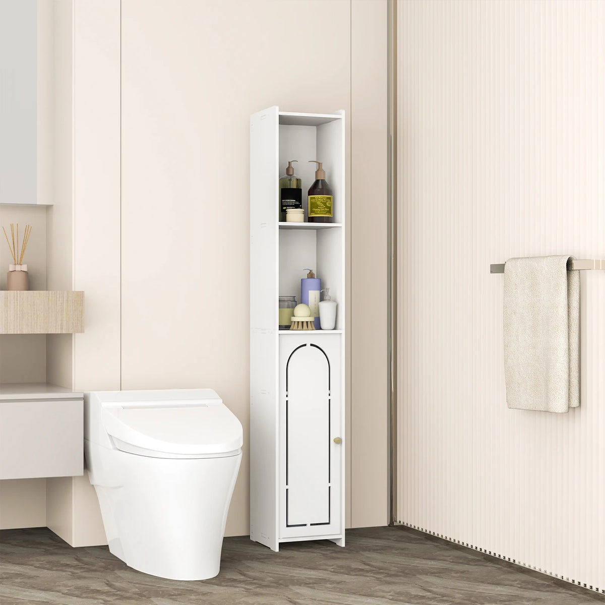 Bathroom Tall Cabinet, Freestanding Storage Cupboard in White, Multipurpose Waterproof Slim High Floor Cabinet for Living Room Kitchen Hallway