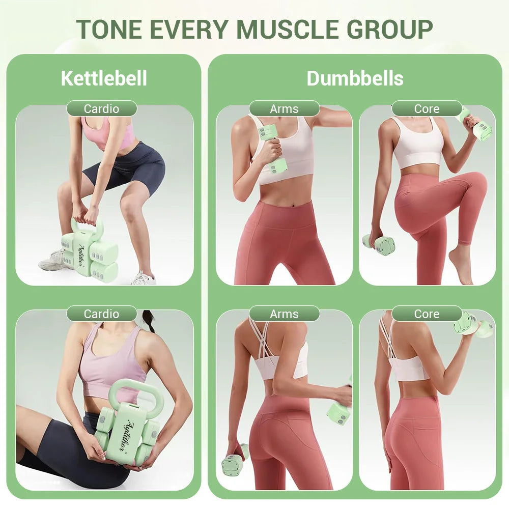 Agilithor Apple Green Adjustable Dumbbell and Kettlebell Set 2 in 1, Each Dumbbell 1 to 2.5 kg, Kettlebell 2.5 to 5.5 kg, Home Gym Free Weights