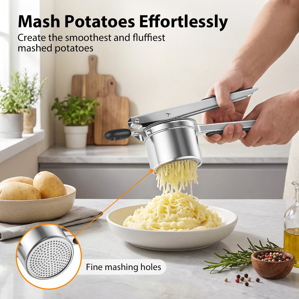 Potato Ricer Masher, Food Grade Stainless Steel Potato Ricer Press with Silicone Handle, Dishwasher Safe Fruit & Veg Press, Heavy Duty Food Press for Mashed Potatoes