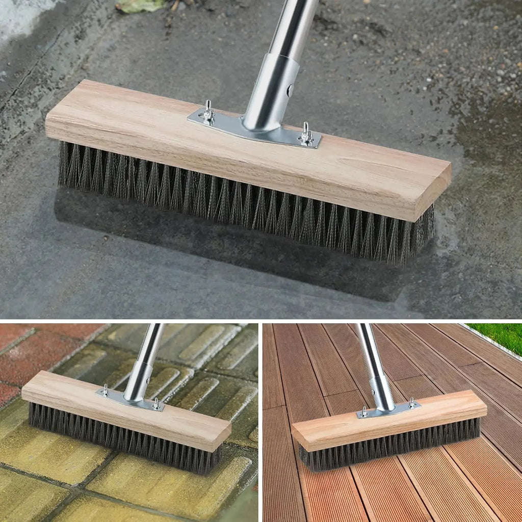Heavy-Duty Wire Broom with Telescopic Handle(57IN), Stiff Metal Bristle Brush Removing Weed Moss Algae Outdoor Floor Scrub Brush