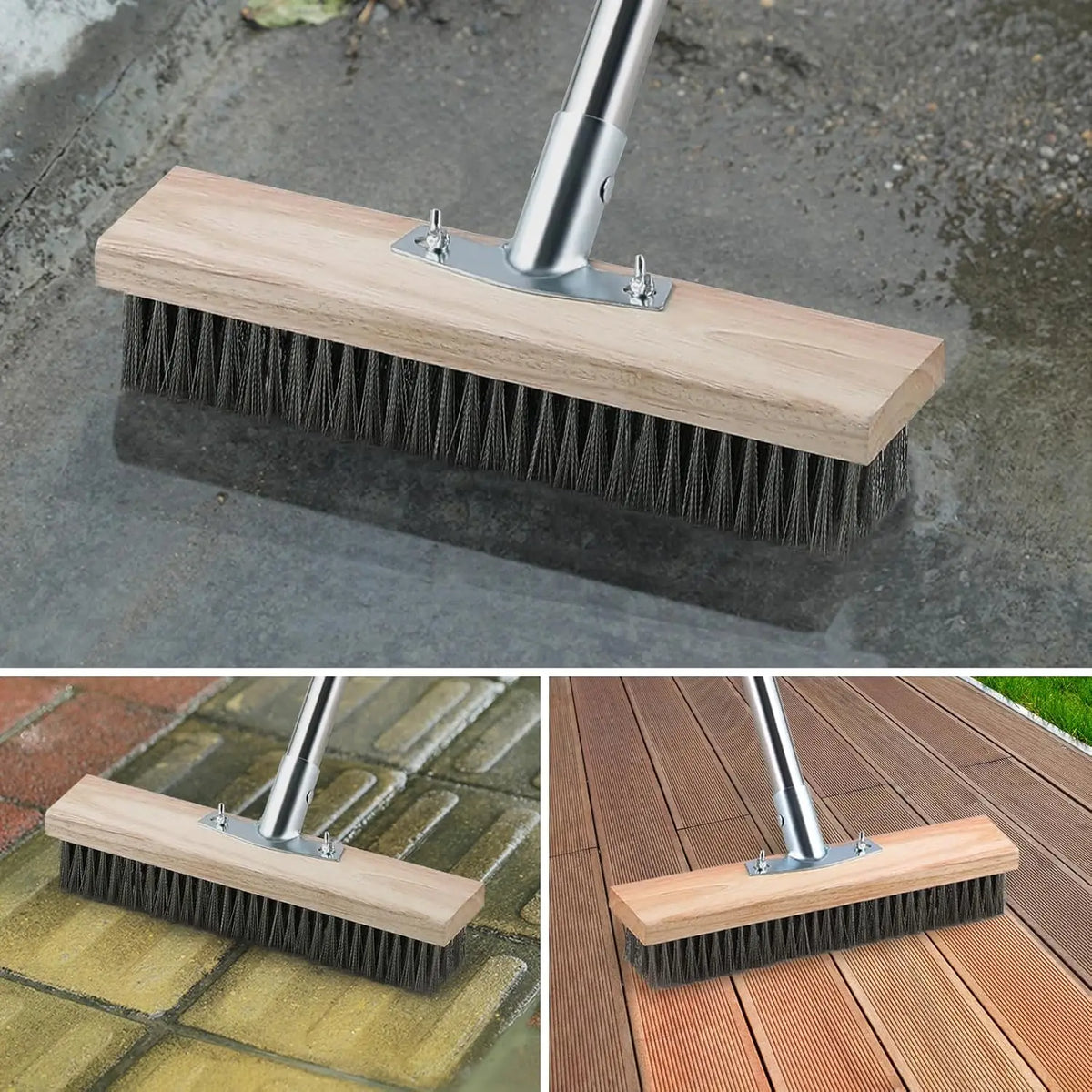 Heavy-Duty Wire Broom with Telescopic Handle(57IN), Stiff Metal Bristle Brush Removing Weed Moss Algae Outdoor Floor Scrub Brush