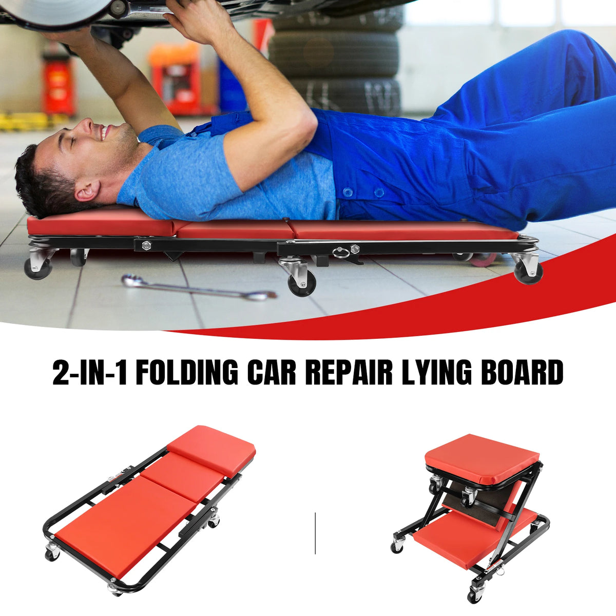 Folding Car Creeper Seat, Lay Down or Sit Stable, Heavy Duty Folding Mechanics Car Creeper with 6 360° Rotatable Rolling Wheels, Durable Garage Workshop Stool for Under Car Repair Tool