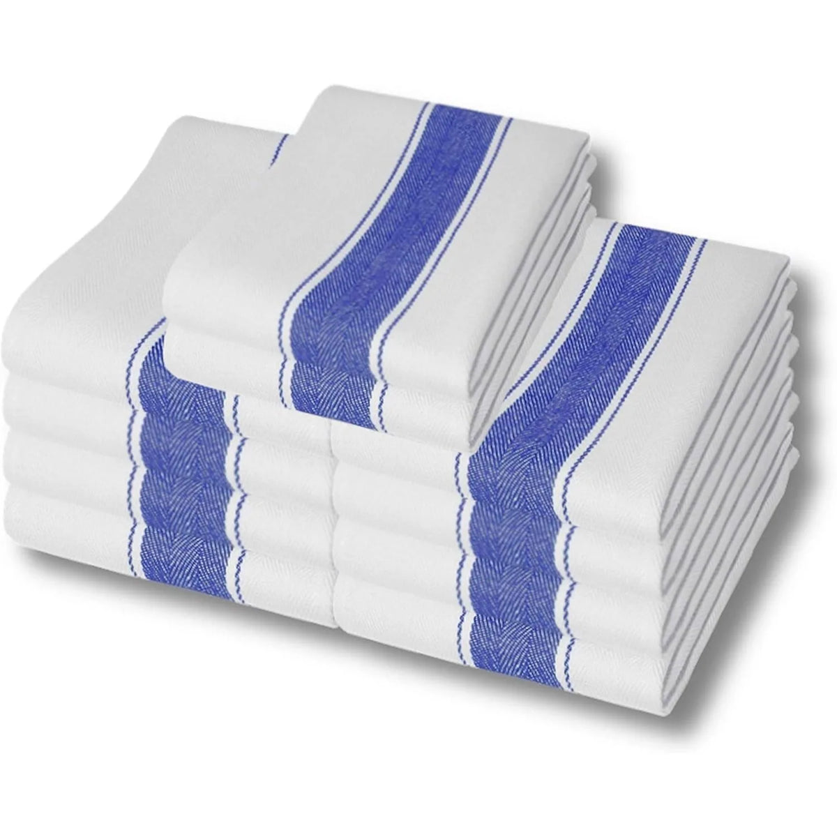 10 Pack Luxury Cotton Herringbone Tea Towels with Blue Stripe | Lint-Free Kitchen Dish Cloths | Super Absorbent Glass Cleaning Towels | Reusable Kitchen Towels for Drying Dishes, Wiping Surfaces, Restaurant, Café & Home Use