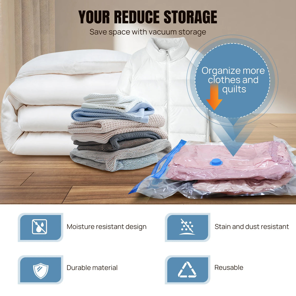 Vacuum Compression Storage Bags for Clothes, 12-Pack with Electric Pump - Reusable Space Saver Bags for Travel, Duvets & Seasonal Storage