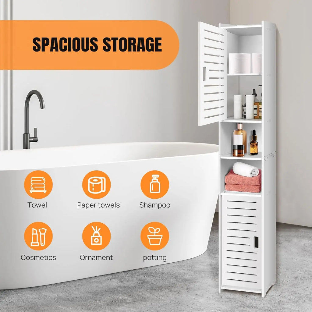 Tall Slim Bathroom Storage Cabinet, White Freestanding Floor Cabinet, Narrow Organizer Unit with 2 Doors, Space-Saving Design for Bathroom Living Room Kitchen Office Entryway Toilet