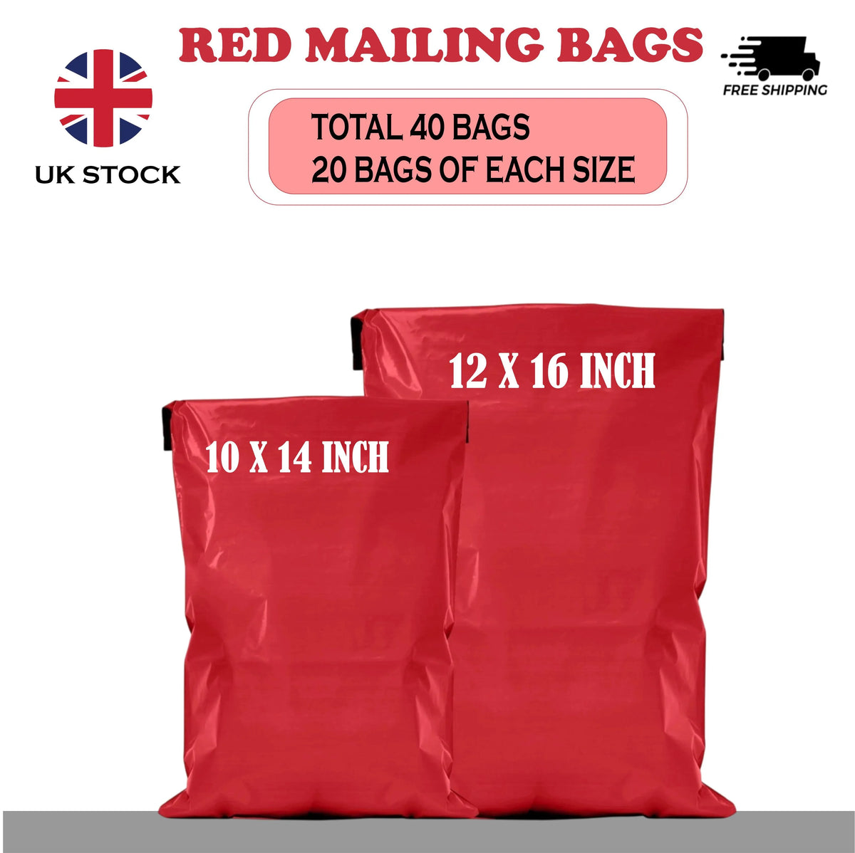 40 Mixed Red Mailing Bags Multi-Size Combo 20 from Each Strong Poly Mailers Self Seal Waterproof Shipping Envelopes Postage
