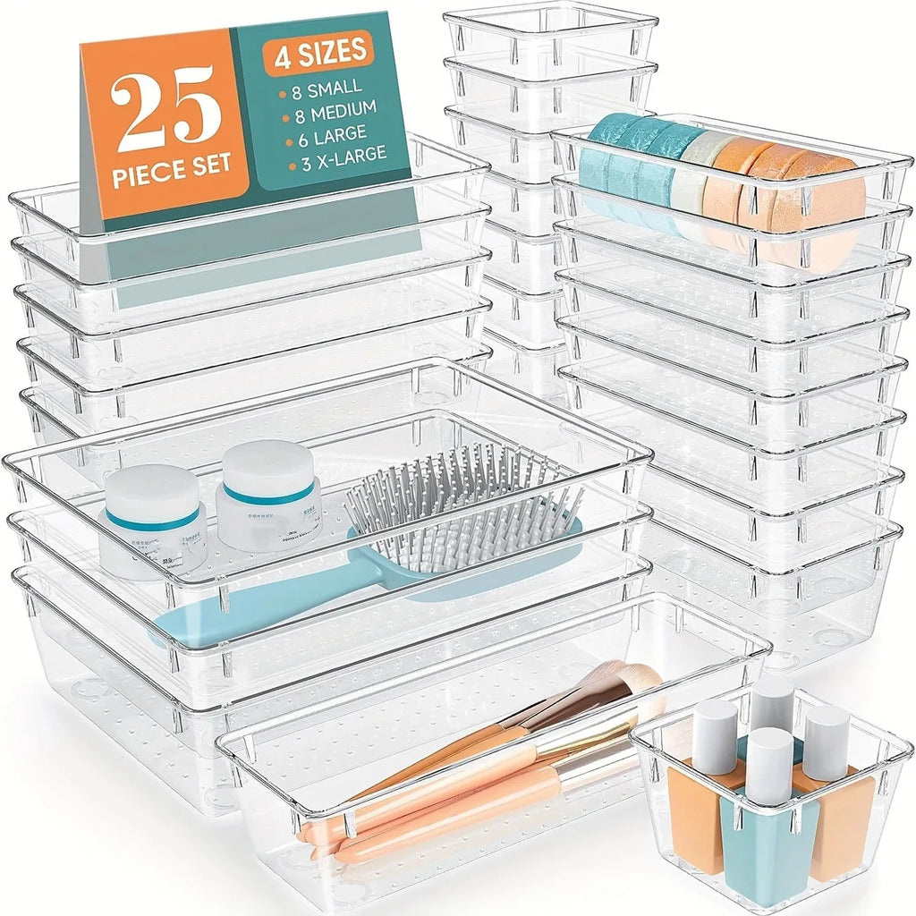 25Pcs Transparent Box Storage Organizer Desk Plastic Storage Box Container Drawer Organizer Table Jewelry Box Makeup
