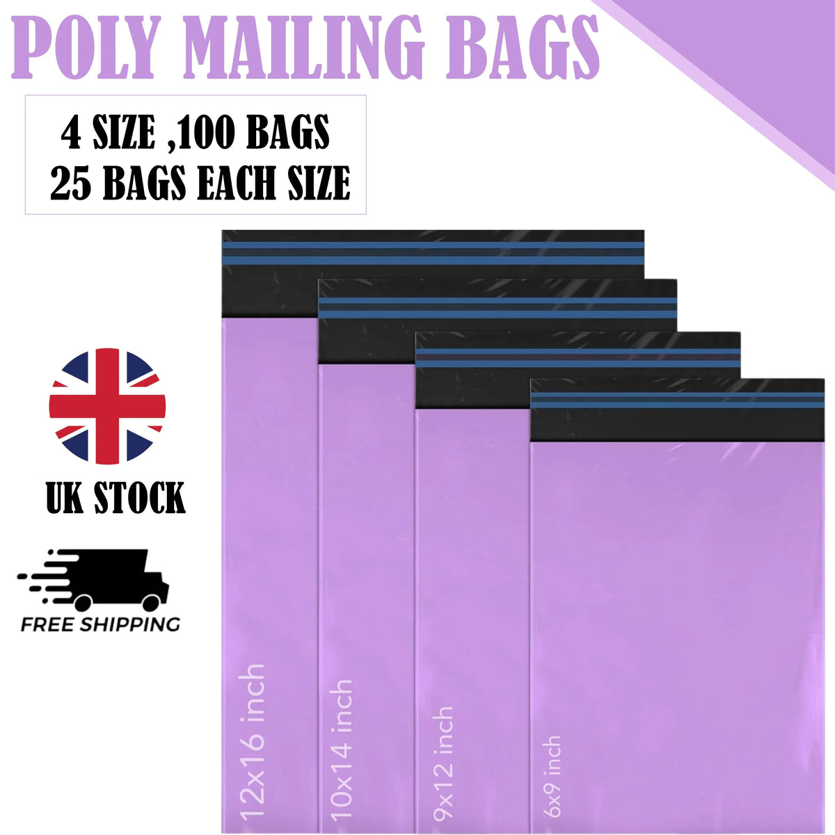 All-in-One Purple Poly Shipping Mailers 100 Pack, 4 Assorted Sizes, 25 Each ,Tear-Resistant, Waterproof & Opaque Self-Adhesive Bags for Secure Ecommerce Dispatch.