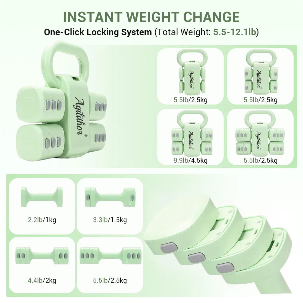 Agilithor Apple Green Adjustable Dumbbell and Kettlebell Set 2 in 1, Each Dumbbell 1 to 2.5 kg, Kettlebell 2.5 to 5.5 kg, Home Gym Free Weights
