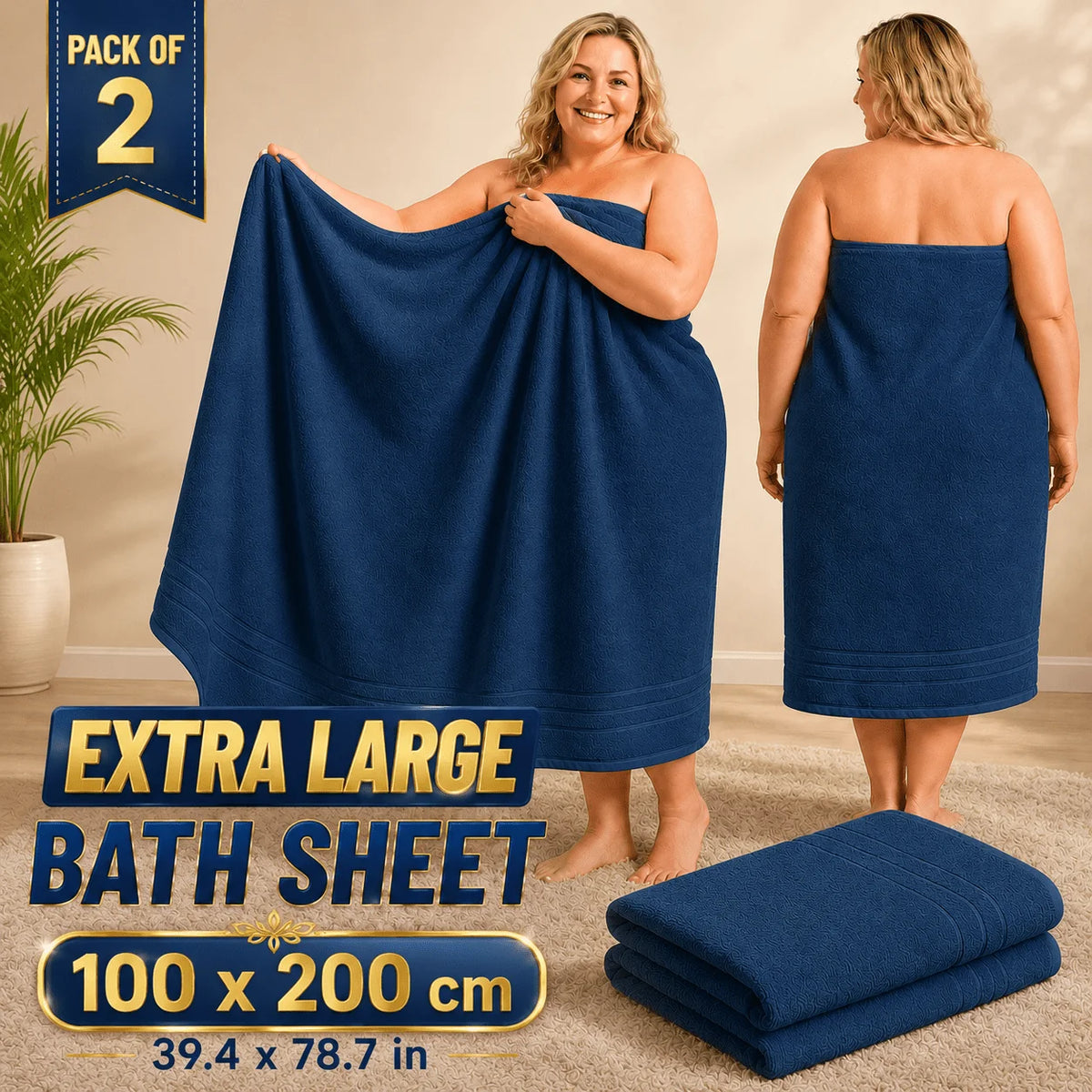 Pack of 2 Extra Large Bath Sheets 100 × 200 cm, 600 GSM Soft Bath Towels, Luxury Oversized Bath Towels for Adults, Quick-Drying and Highly Absorbent, Large Shower Towels for Bathroom, Home, Gym and Travel