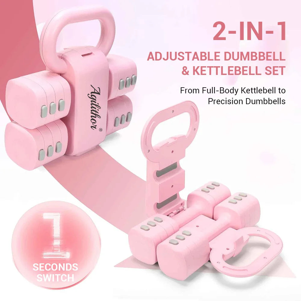 Agilithor 2 in 1 Dumbbell and Kettlebell Set, Two Adjustable Dumbbells 1 to 2.5 kg Each, 2 to 5 kg the Pair, with a Kettlebell Handle, Free Weights for Home Training