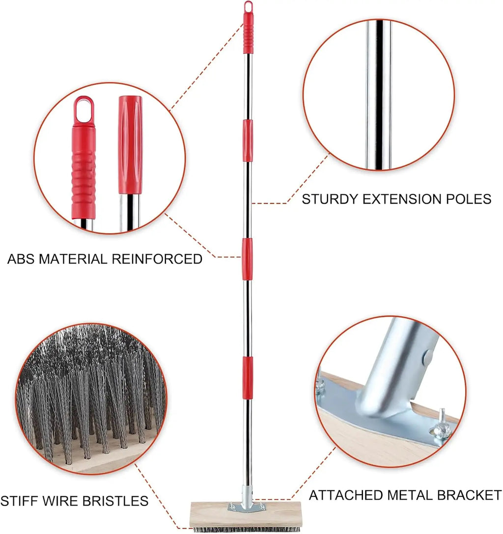 Heavy-Duty Wire Broom with Telescopic Handle(57IN), Stiff Metal Bristle Brush Removing Weed Moss Algae Outdoor Floor Scrub Brush