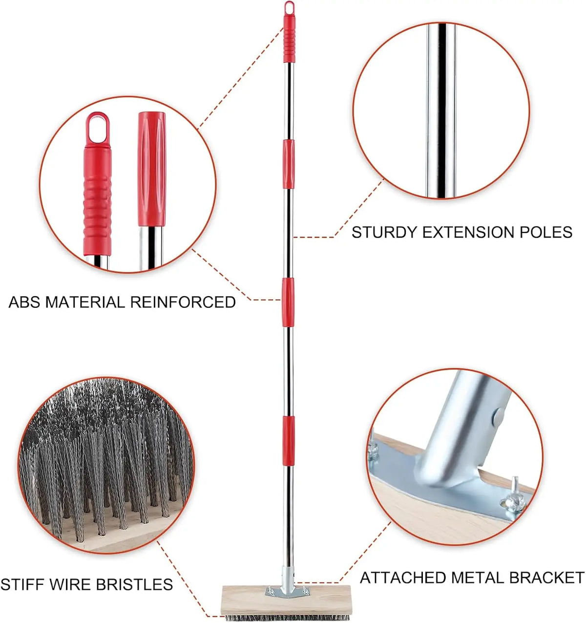 Heavy-Duty Wire Broom with Telescopic Handle(57IN), Stiff Metal Bristle Brush Removing Weed Moss Algae Outdoor Floor Scrub Brush