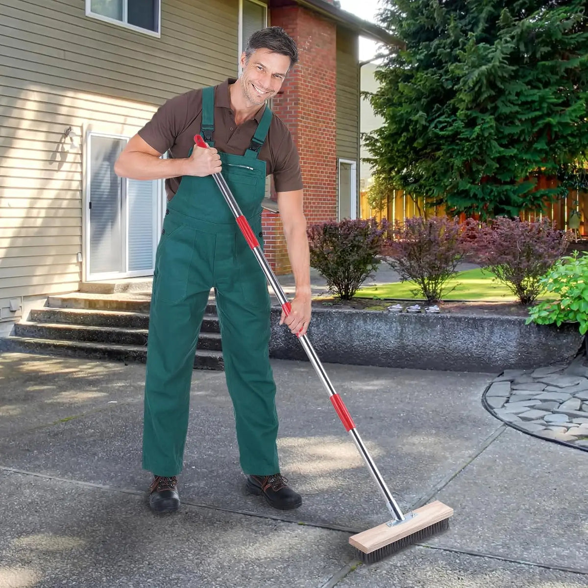 Heavy-Duty Wire Broom with Telescopic Handle(57IN), Stiff Metal Bristle Brush Removing Weed Moss Algae Outdoor Floor Scrub Brush