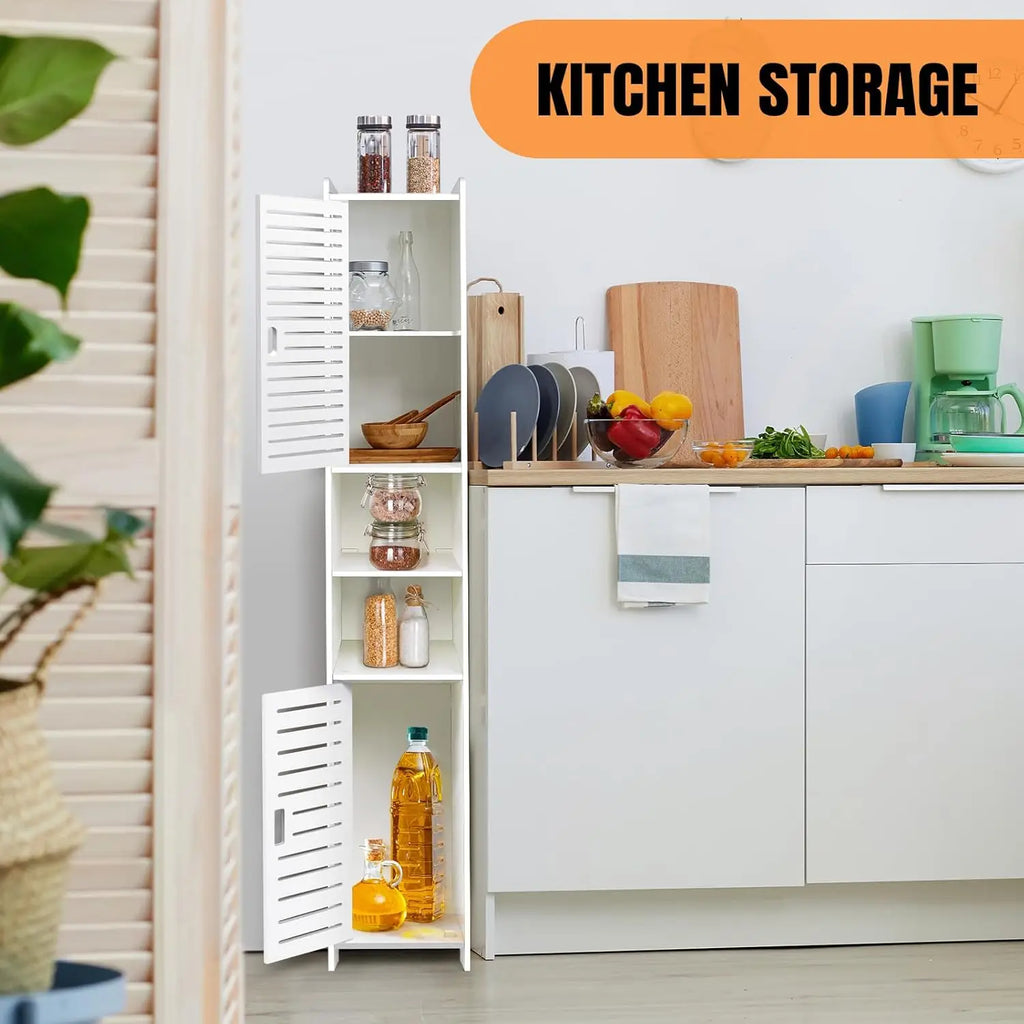 Tall Slim Bathroom Storage Cabinet, White Freestanding Floor Cabinet, Narrow Organizer Unit with 2 Doors, Space-Saving Design for Bathroom Living Room Kitchen Office Entryway Toilet