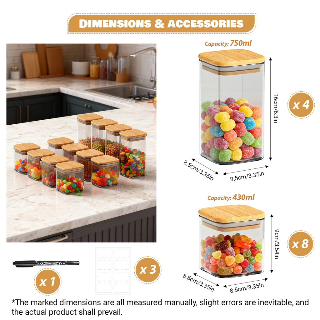 Gcirn 12-Piece Spice Jar Set（430ml*8+750ml*4）, Square Wooden Lids, Spice Jar Set, Storage Jars, Spice Dispensers with Lids, Empty Spice Containers, Spice Organiser for Storing Spices, Sweets and Teas