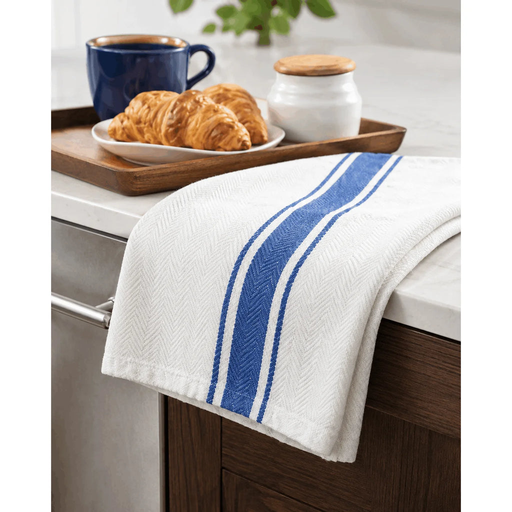 10 Pack Luxury Cotton Herringbone Tea Towels with Blue Stripe | Lint-Free Kitchen Dish Cloths | Super Absorbent Glass Cleaning Towels | Reusable Kitchen Towels for Drying Dishes, Wiping Surfaces, Restaurant, Café & Home Use
