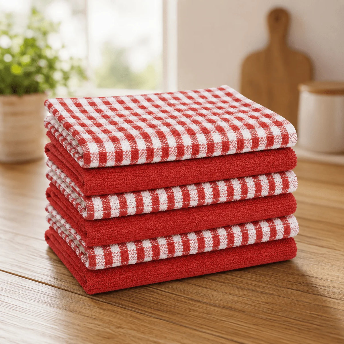 6 Pcs Cotton Mono Check Tea Towels –Premium 5 Colours, Quick Drying, Durable & Washable Kitchen Dish Cloths, Absorbent Cleaning Towels