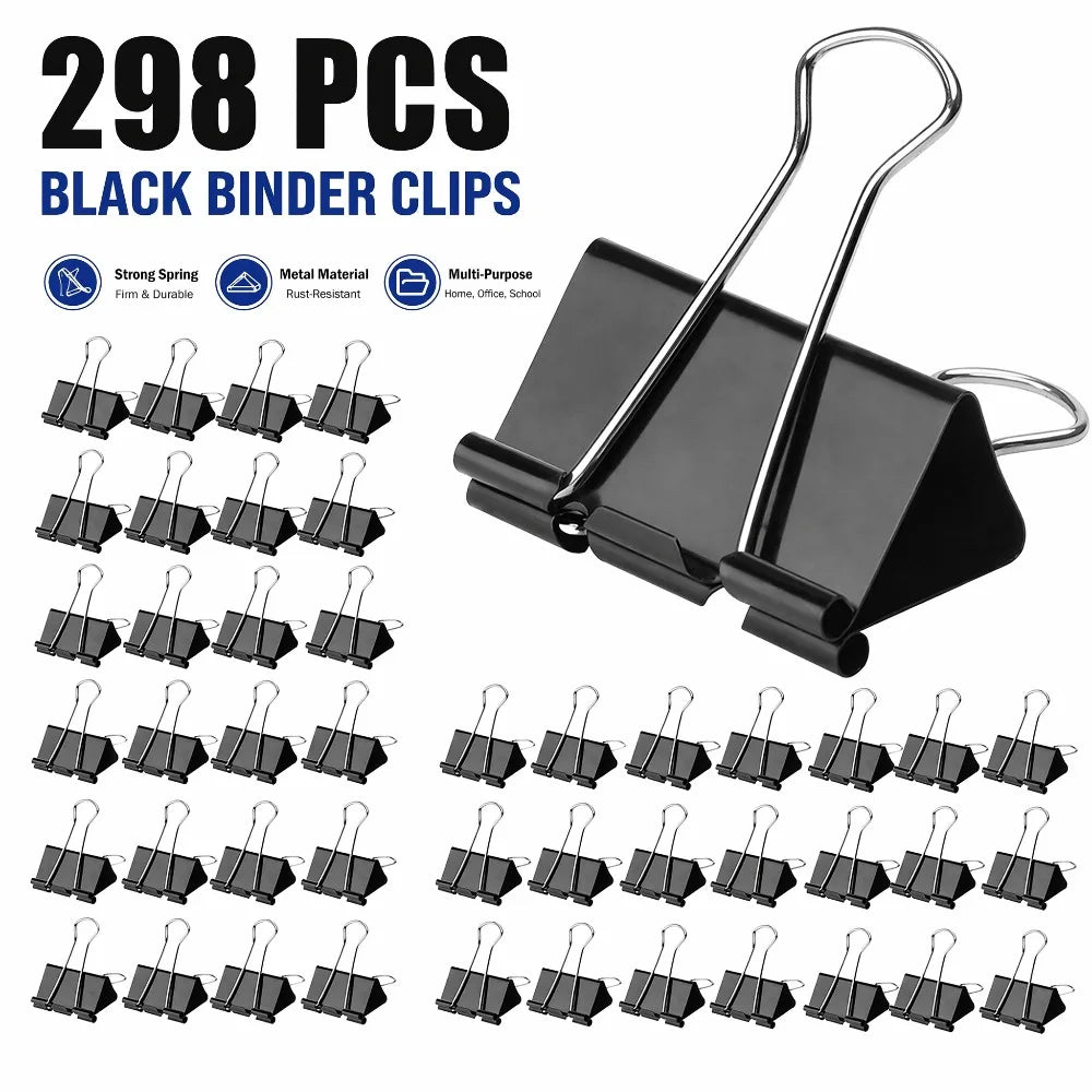 298PCS Black Binder Clips, Paper Clamps, Heavy Duty Office Document Clips, Rust Resistant Paper Holders for Office, School & Home Supplies