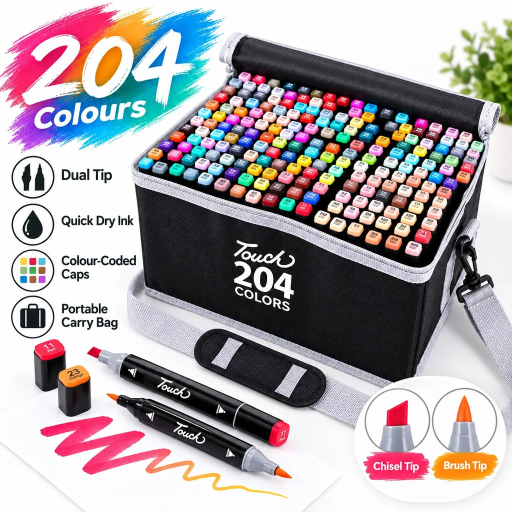 204 Colour Dual Tip Marker Set, Quick Dry Sketching Markers for Painting, Professional Art Markers for Drawing Illustration, Marker Pens for Artists