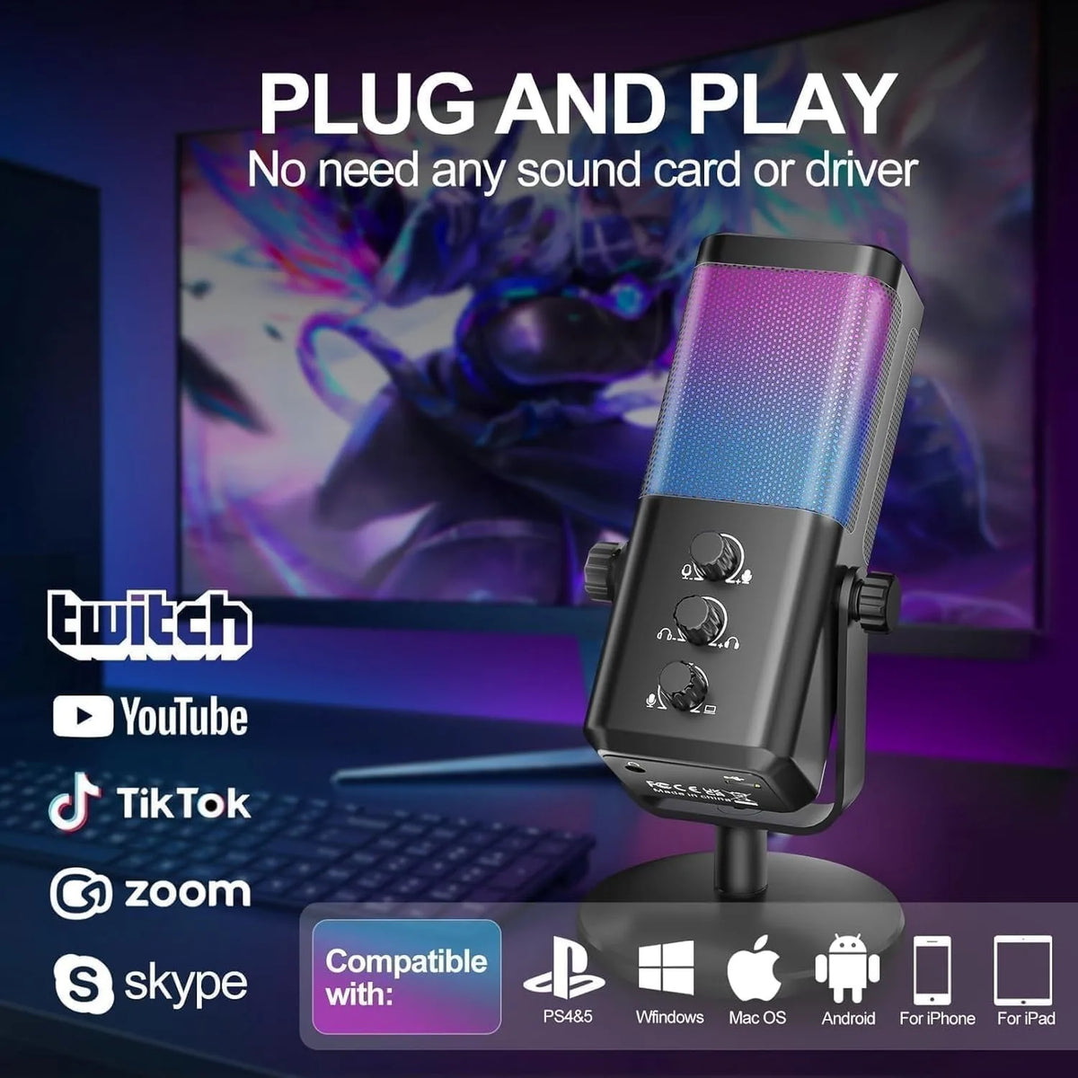 USB Gaming Microphone with Game Chat Balance,Noise Cancelling, 24bit/192kHz Computer Cardioid Condenser Mic for Streaming/Podcast/Recording with RGB,Quick Mute,Gain Knob,Monitoring-for PC/PS4/PS5/Mac