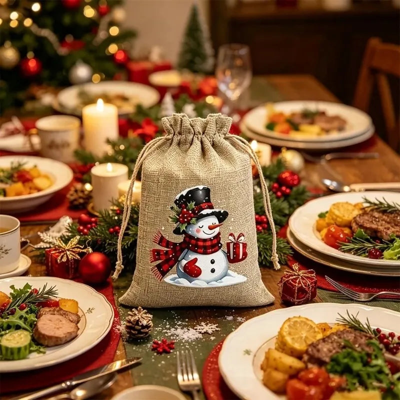 12PCS Christmas Burlap Drawstring Design Gift Bags Reusable Party Favors Gift Bags for Candy Treats Holiday Decor Gift Packaging