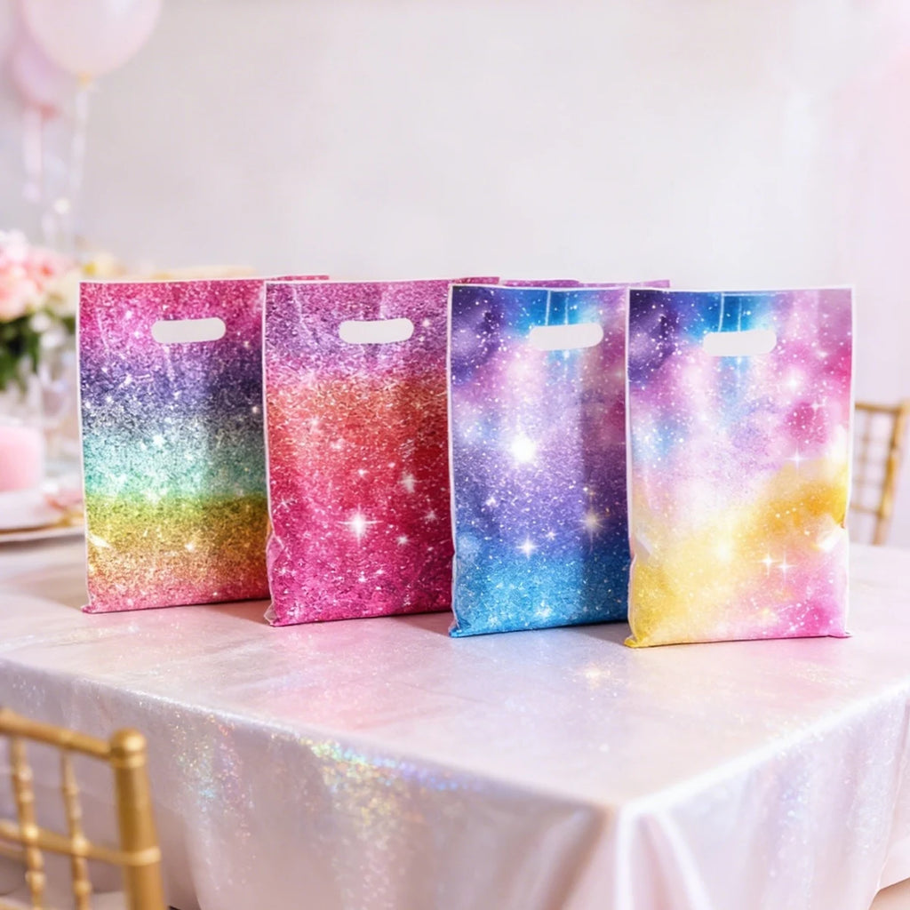 10/20/50pcs Glitter Rainbow Gradient Galaxy Plastic Handle Gift Bags Party Favor Bags for Birthday Wedding Party Decor Supplies
