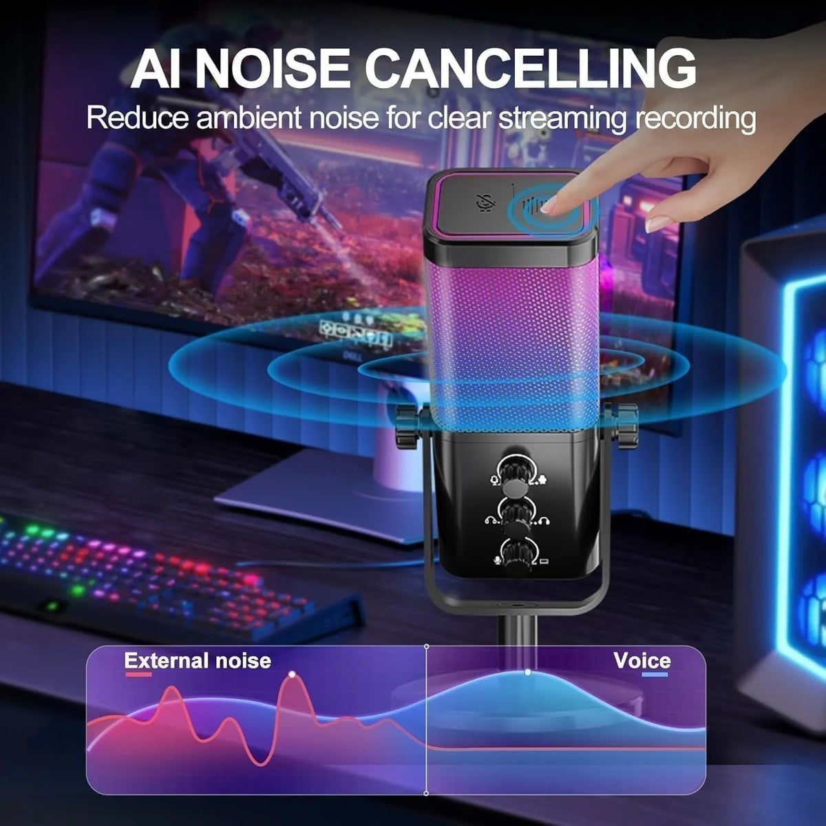 USB Gaming Microphone with Game Chat Balance,Noise Cancelling, 24bit/192kHz Computer Cardioid Condenser Mic for Streaming/Podcast/Recording with RGB,Quick Mute,Gain Knob,Monitoring-for PC/PS4/PS5/Mac