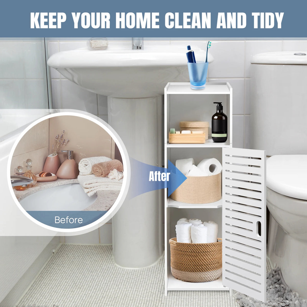 3-Tier Bathroom Floor Cabinet with Door - Freestanding Storage Organizer for Bathroom, Kitchen, Bedroom, Living Room